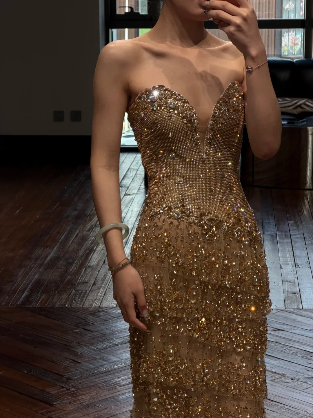 Elegant Gold Crystal Mermaid Evening Dress Sweetheart Neck Formal Gown SL158