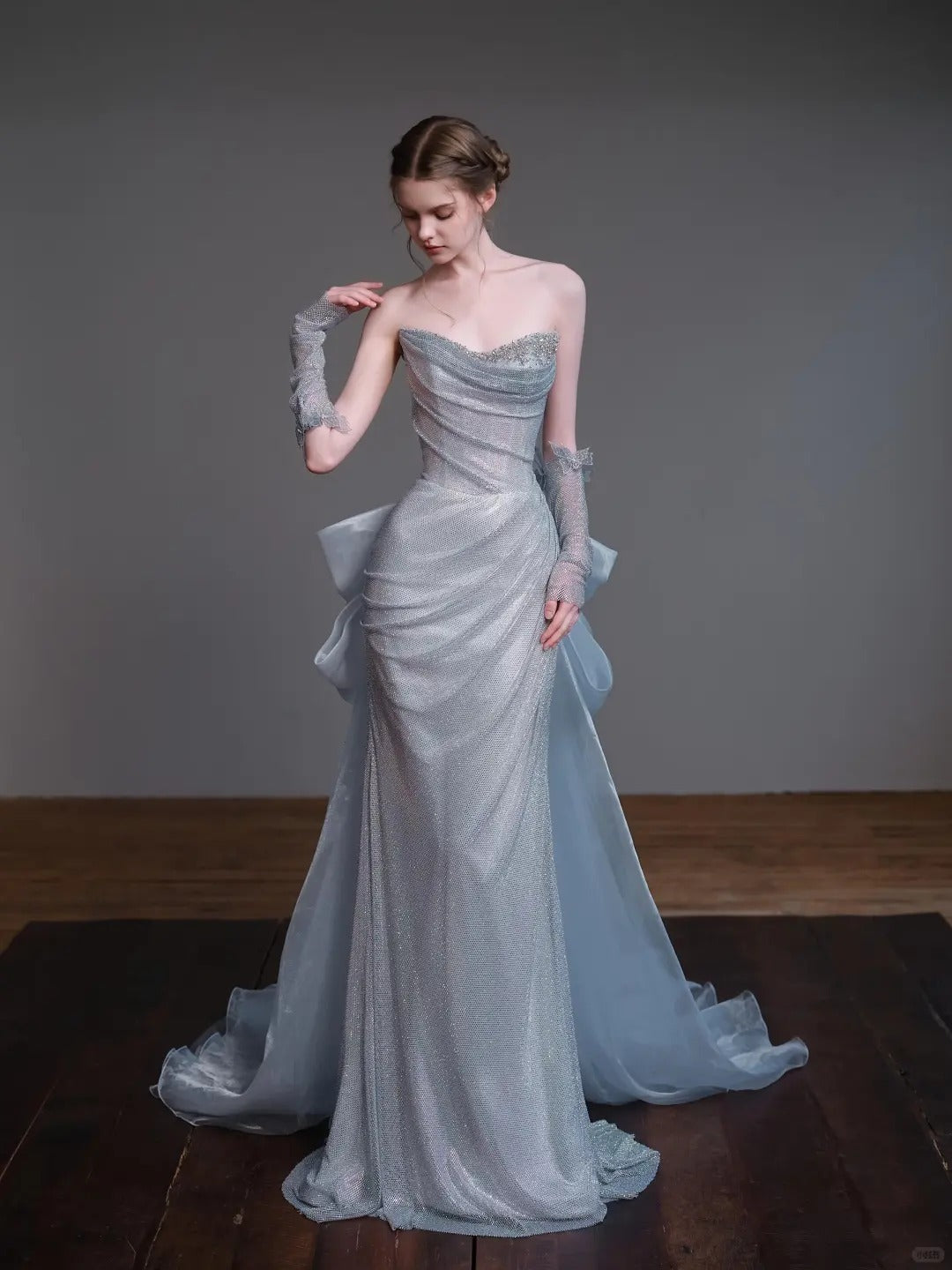 Sparkling Ice Blue Strapless Mermaid Dress with Detachable Train SL226