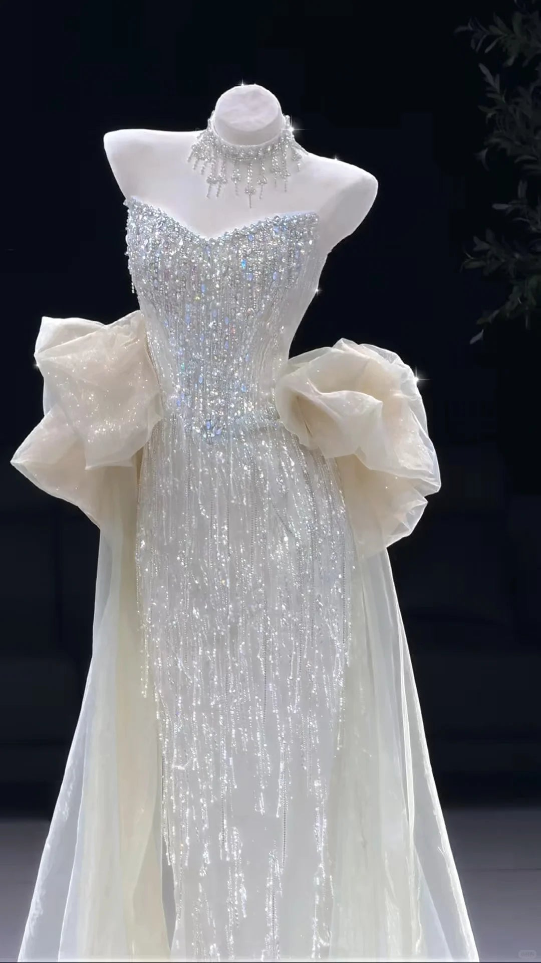TwinkleGowns SL213 Silver Crystal Beaded Off-Shoulder Evening Gown with Sheer Train