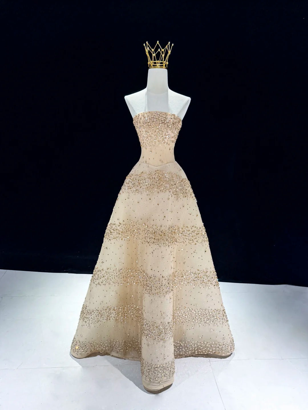 Glittering Champagne Strapless Evening Dress Beaded A-Line Formal Gown SL225