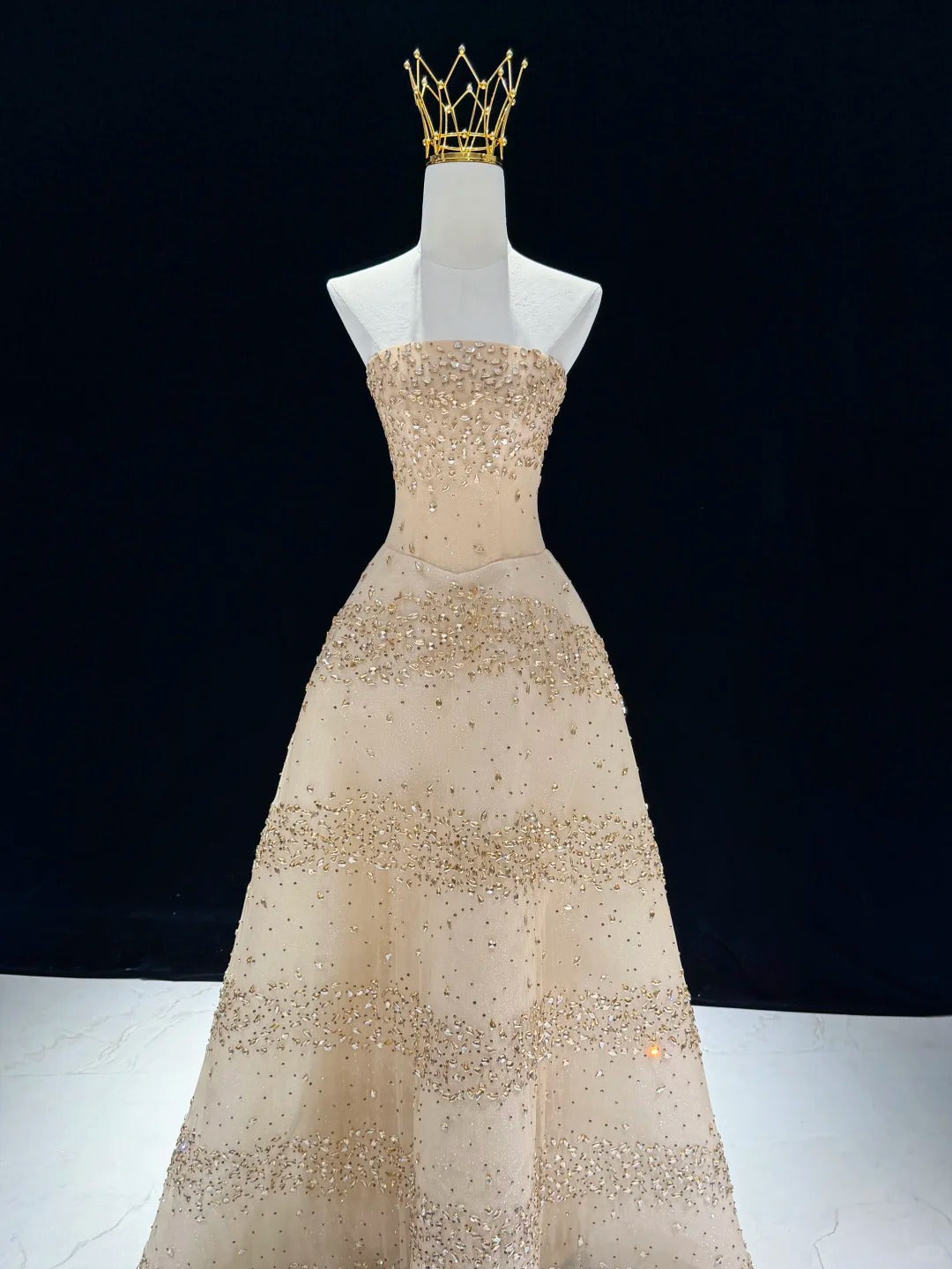 Glittering Champagne Strapless Evening Dress Beaded A-Line Formal Gown SL225