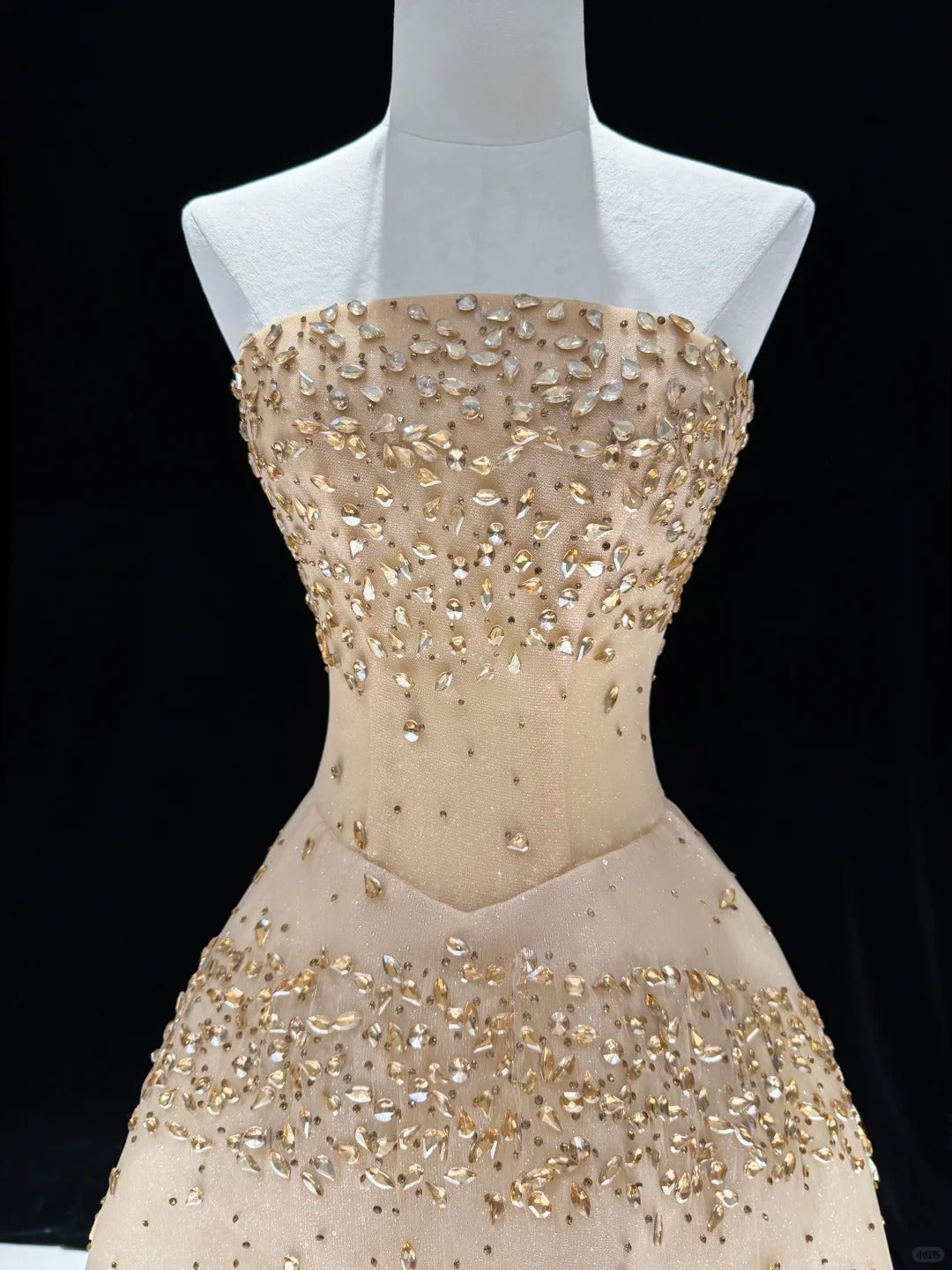 Glittering Champagne Strapless Evening Dress Beaded A-Line Formal Gown SL225
