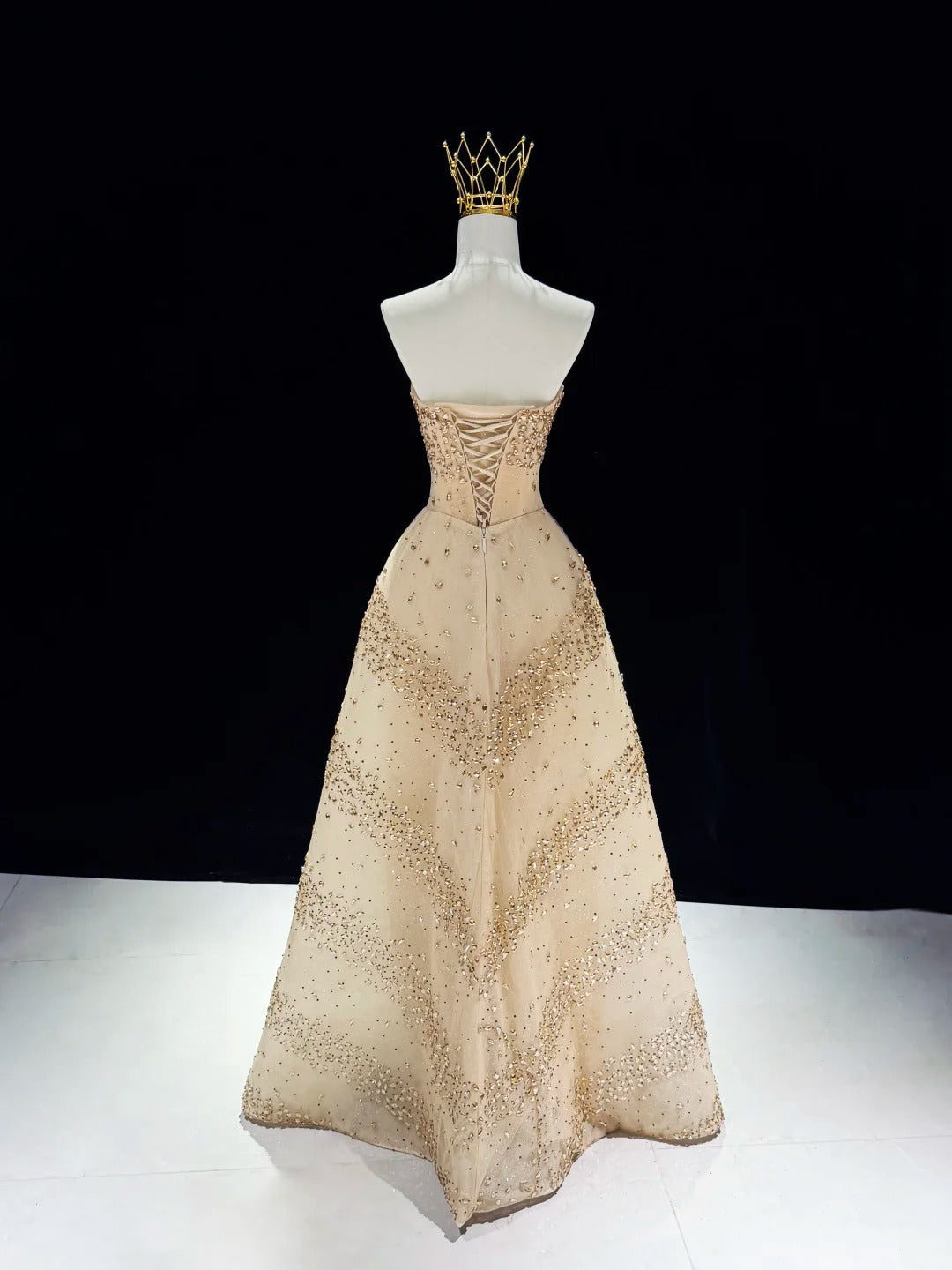 Glittering Champagne Strapless Evening Dress Beaded A-Line Formal Gown SL225