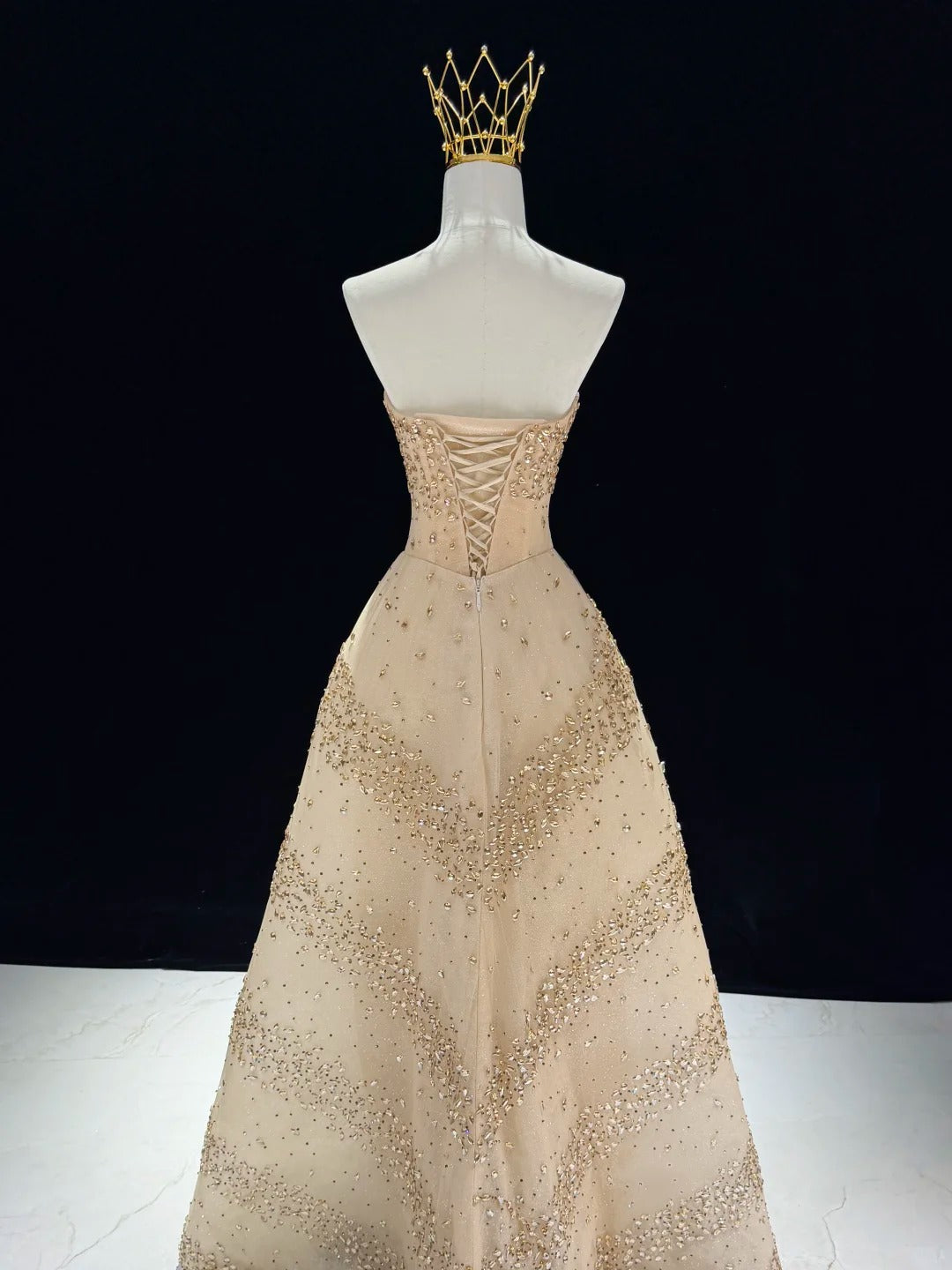 Glittering Champagne Strapless Evening Dress Beaded A-Line Formal Gown SL225
