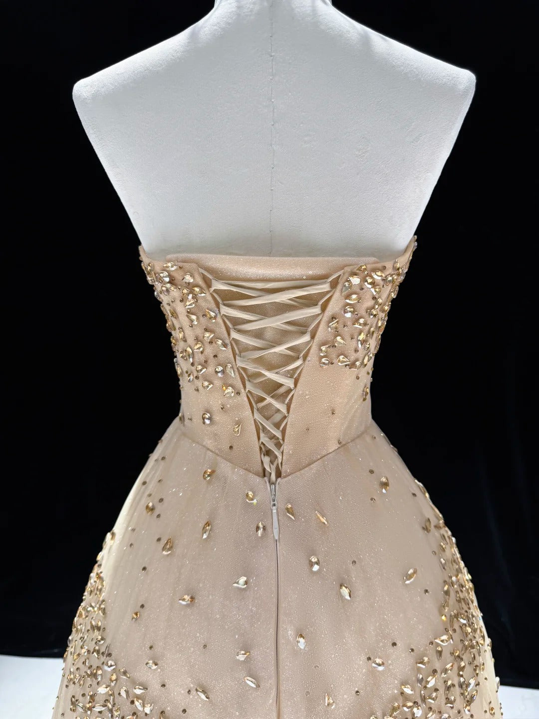 Glittering Champagne Strapless Evening Dress Beaded A-Line Formal Gown SL225