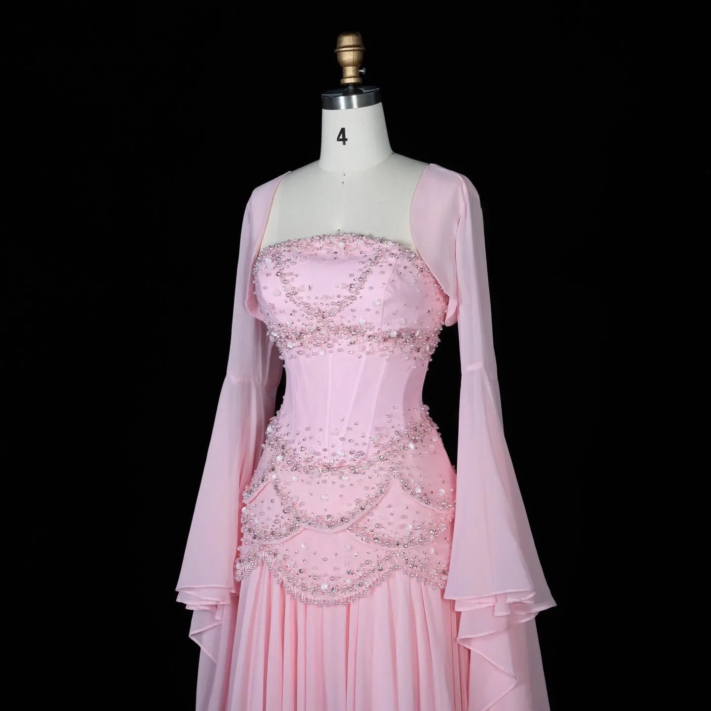 Blue Strapless Beaded Corset Gown with Sheer Cape Sleeves SL188