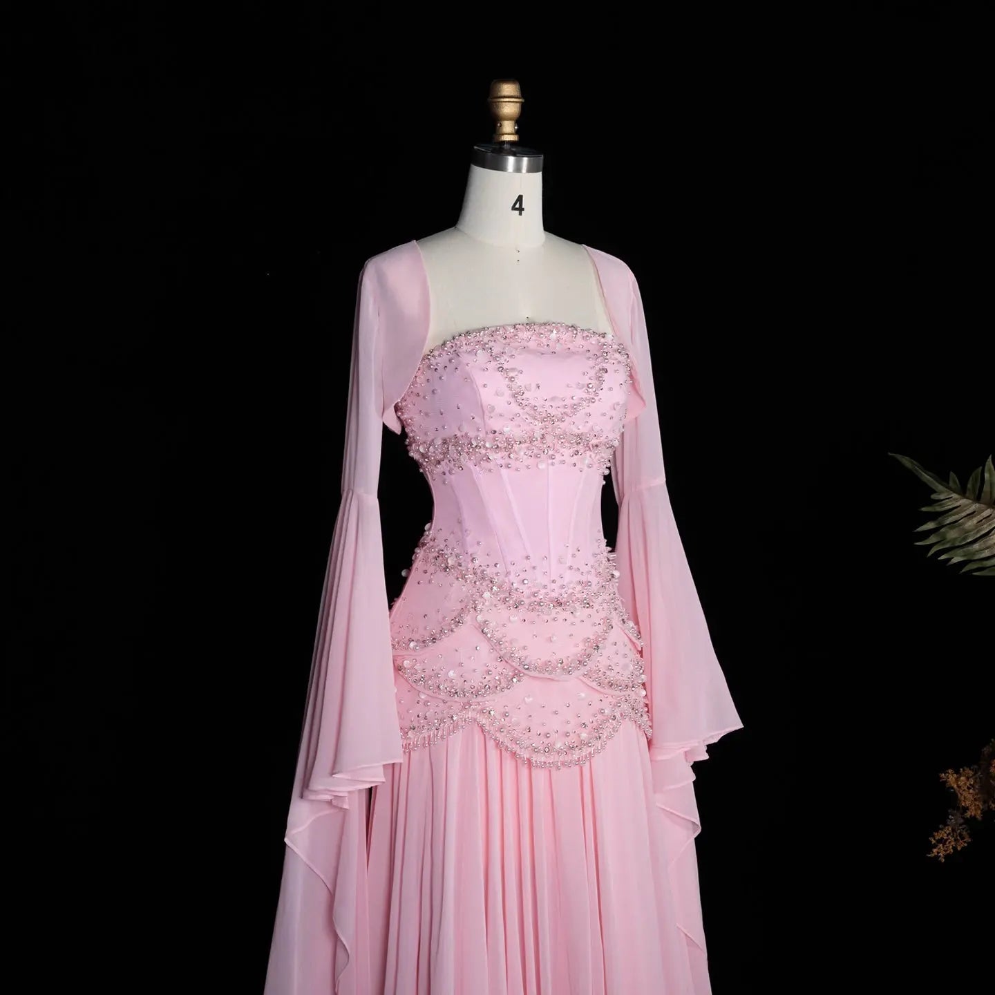 Blue Strapless Beaded Corset Gown with Sheer Cape Sleeves SL188