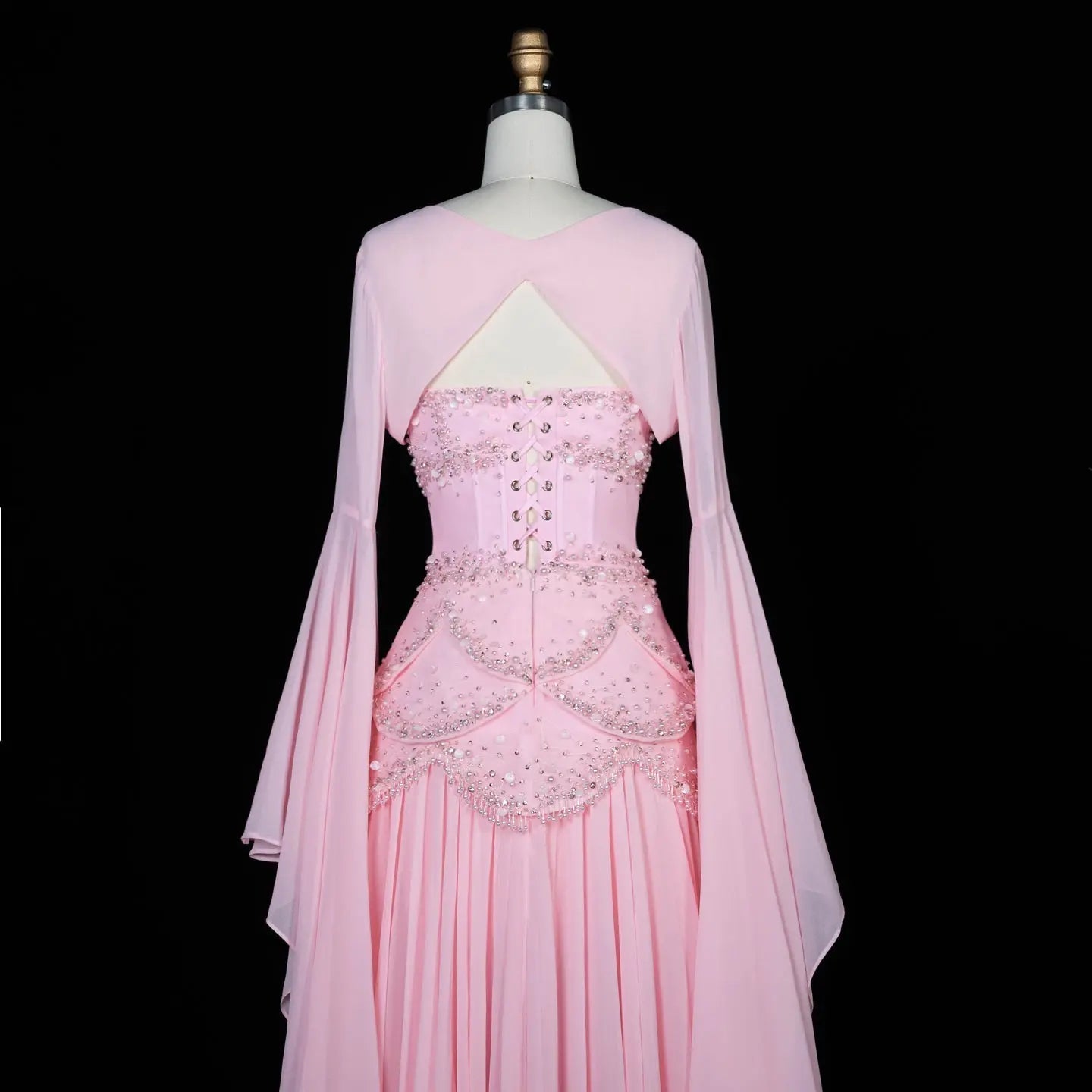 Blue Strapless Beaded Corset Gown with Sheer Cape Sleeves SL188