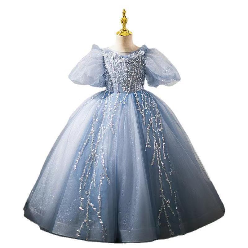 Blue Tulle Beaded Flower Girl Dress for European Garden Weddings L033