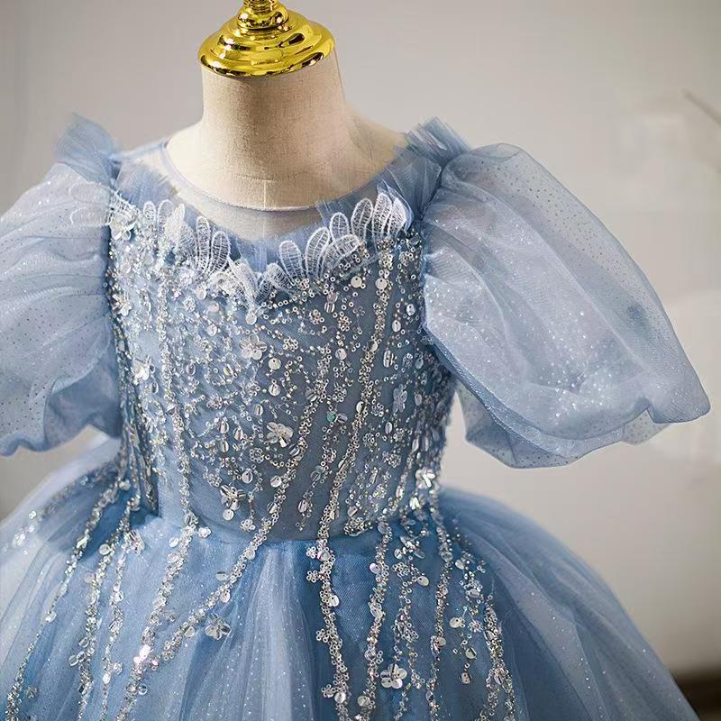 Blue Tulle Beaded Flower Girl Dress for European Garden Weddings L033