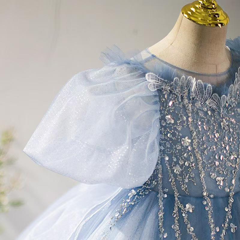 Blue Tulle Beaded Flower Girl Dress for European Garden Weddings L033