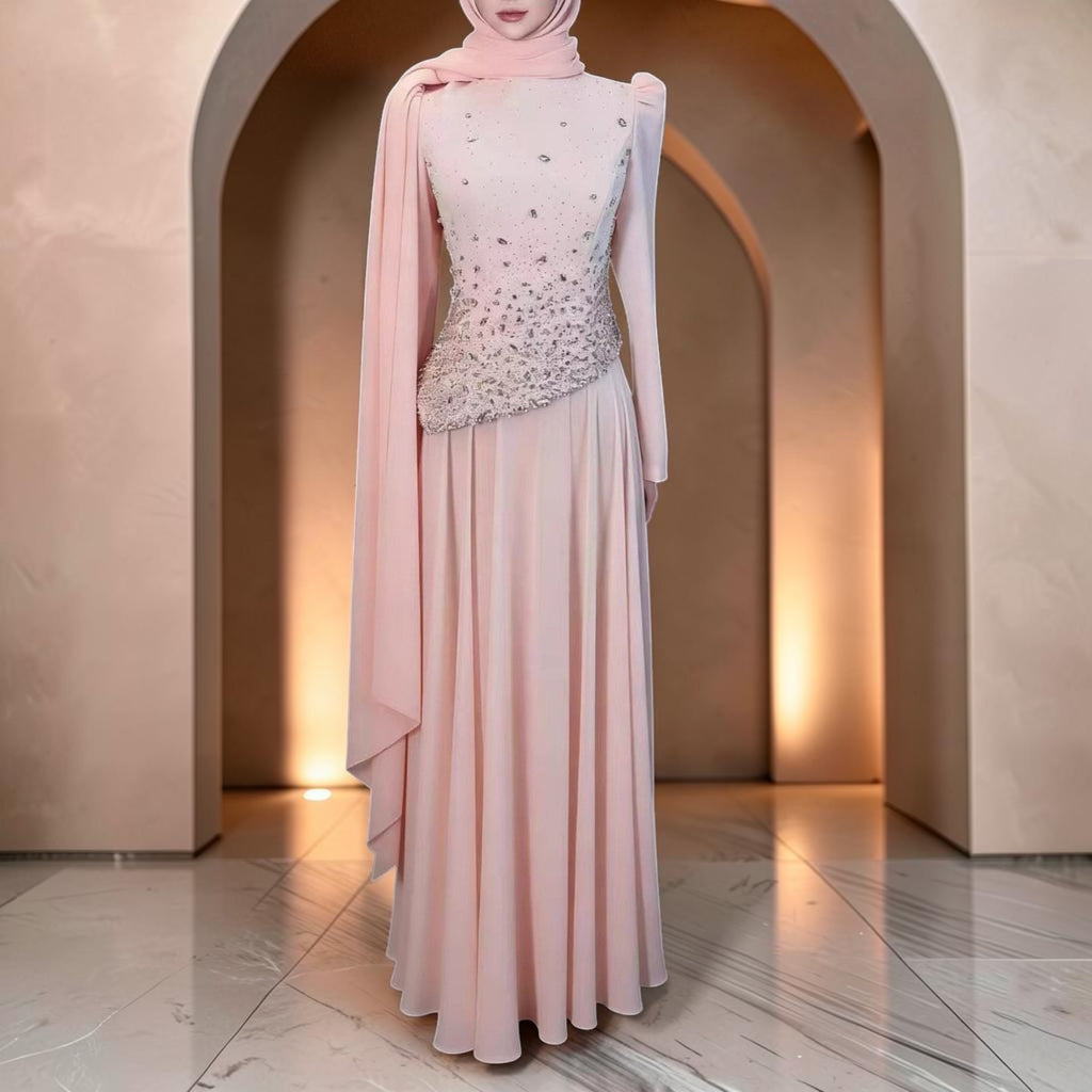 Blush Pink Modest Evening Gown with Crystal Embellished Long Sleeves SL182