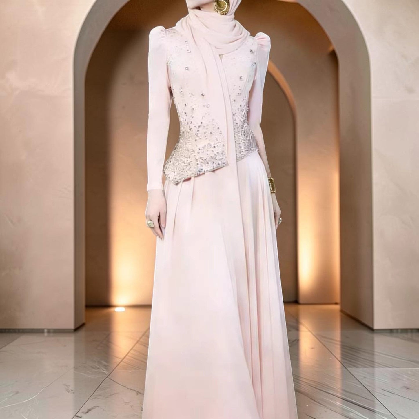 Blush Pink Modest Evening Gown with Crystal Embellished Long Sleeves SL182