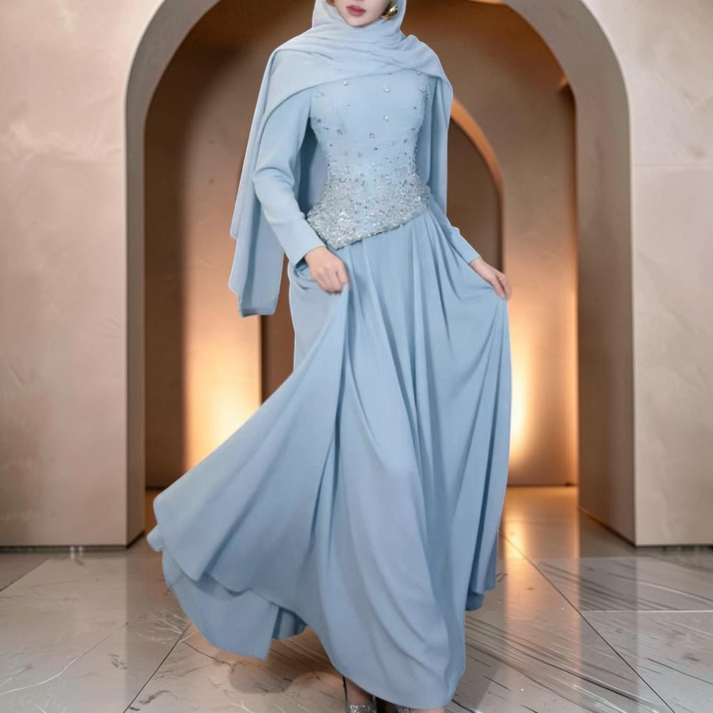 Blush Pink Modest Evening Gown with Crystal Embellished Long Sleeves SL182