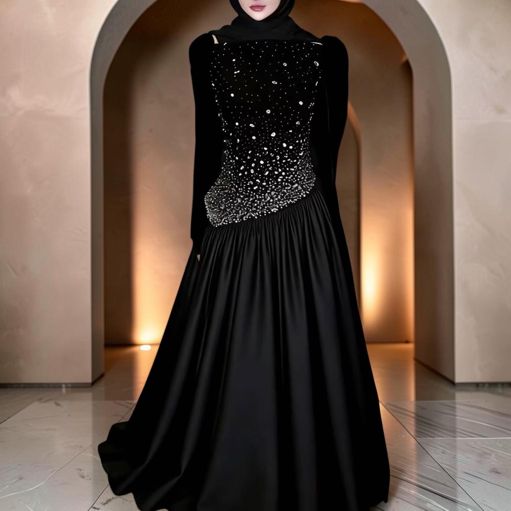 Blush Pink Modest Evening Gown with Crystal Embellished Long Sleeves SL182