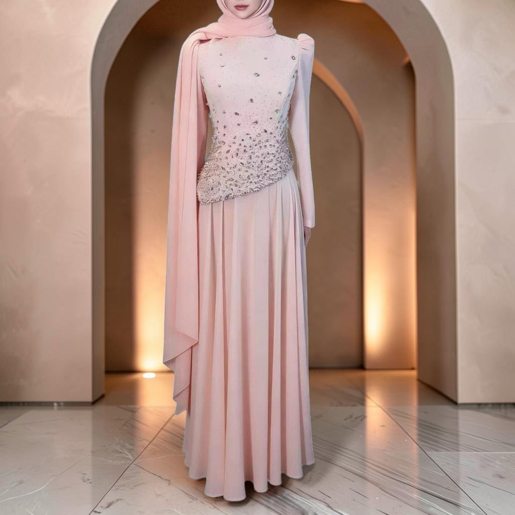Blush Pink Modest Evening Gown with Crystal Embellished Long Sleeves SL182