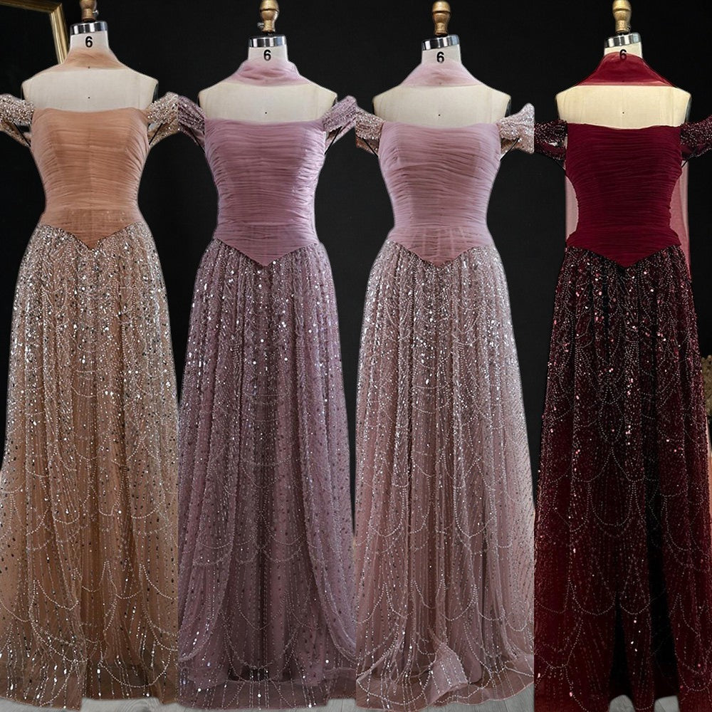 Blush Pink Off-Shoulder Ruched Beaded Evening Gown with Sheer Scarf SL176
