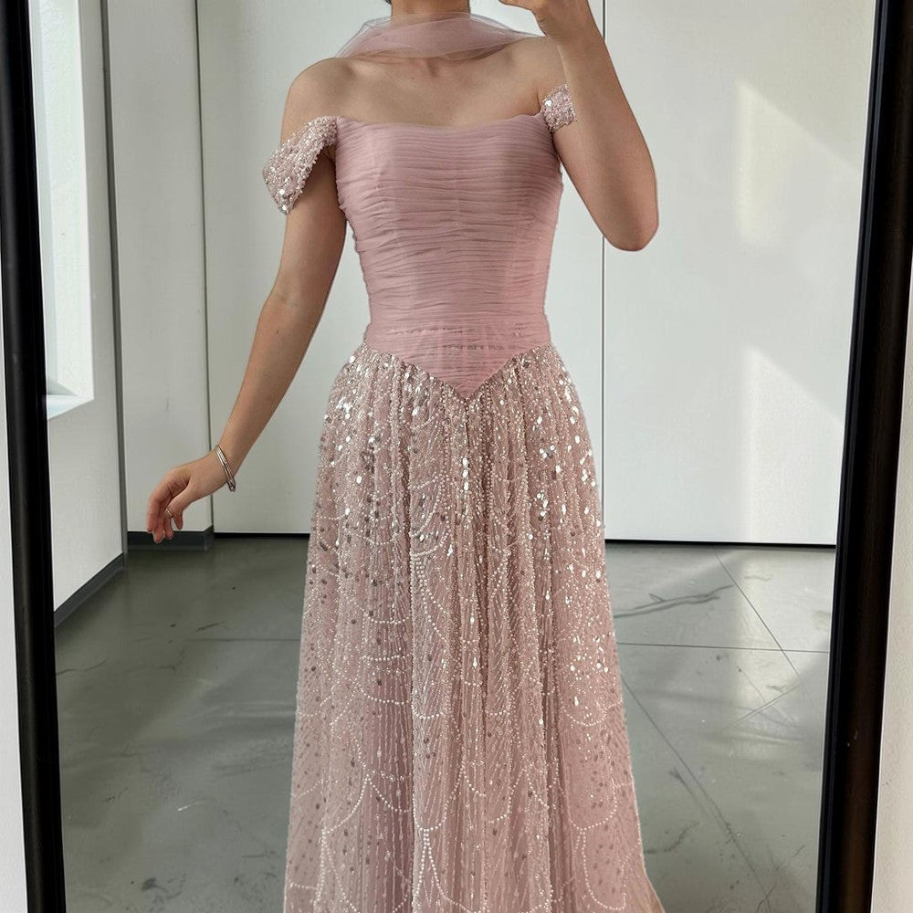 Blush Pink Off-Shoulder Ruched Beaded Evening Gown with Sheer Scarf SL176