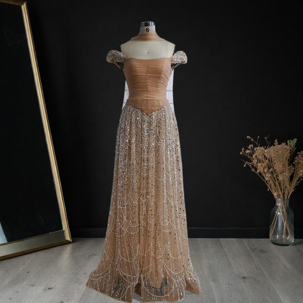Blush Pink Off-Shoulder Ruched Beaded Evening Gown with Sheer Scarf SL176