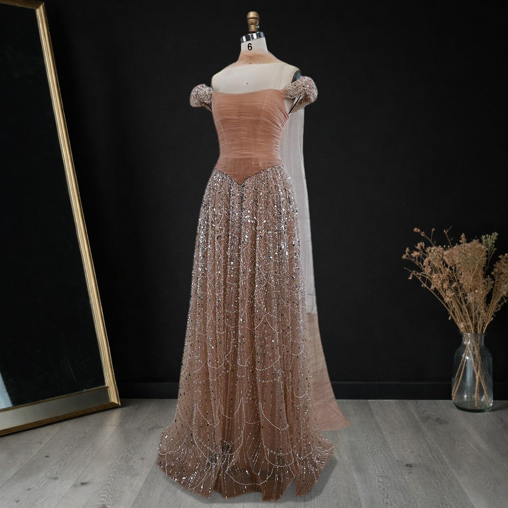 Blush Pink Off-Shoulder Ruched Beaded Evening Gown with Sheer Scarf SL176