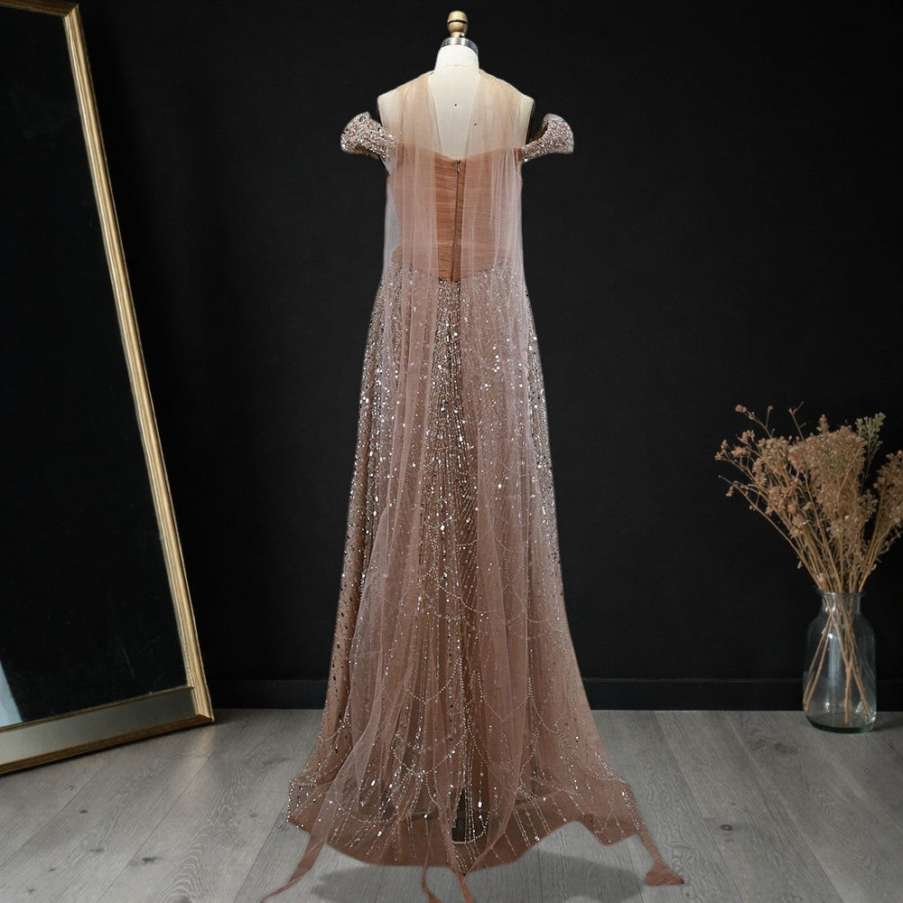 Blush Pink Off-Shoulder Ruched Beaded Evening Gown with Sheer Scarf SL176