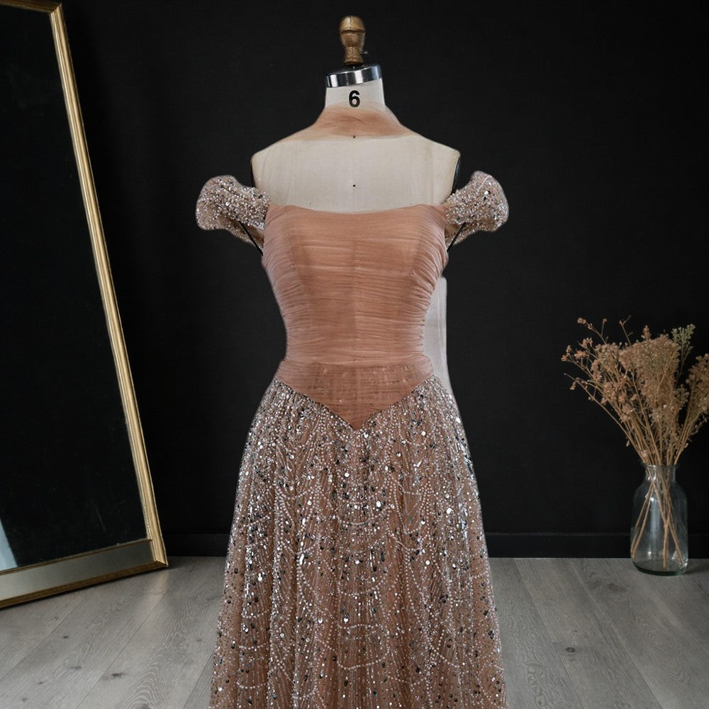 Blush Pink Off-Shoulder Ruched Beaded Evening Gown with Sheer Scarf SL176