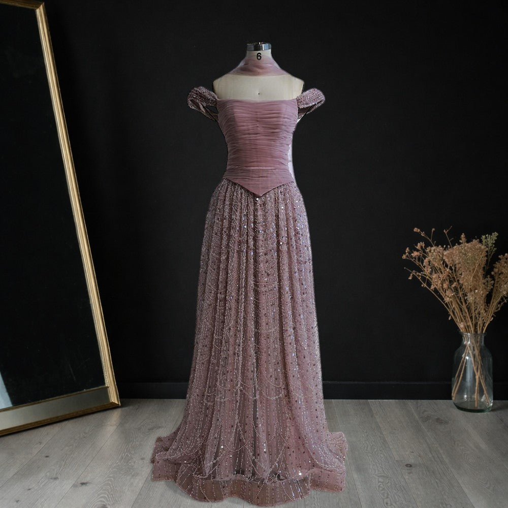 Blush Pink Off-Shoulder Ruched Beaded Evening Gown with Sheer Scarf SL176