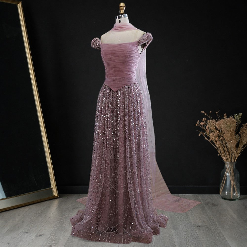 Blush Pink Off-Shoulder Ruched Beaded Evening Gown with Sheer Scarf SL176