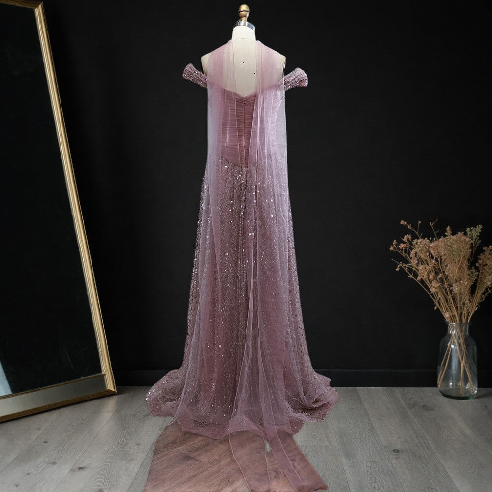 Blush Pink Off-Shoulder Ruched Beaded Evening Gown with Sheer Scarf SL176