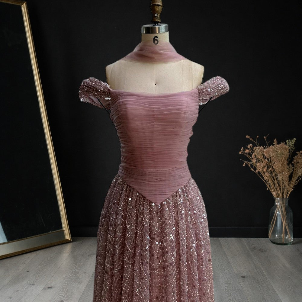 Blush Pink Off-Shoulder Ruched Beaded Evening Gown with Sheer Scarf SL176