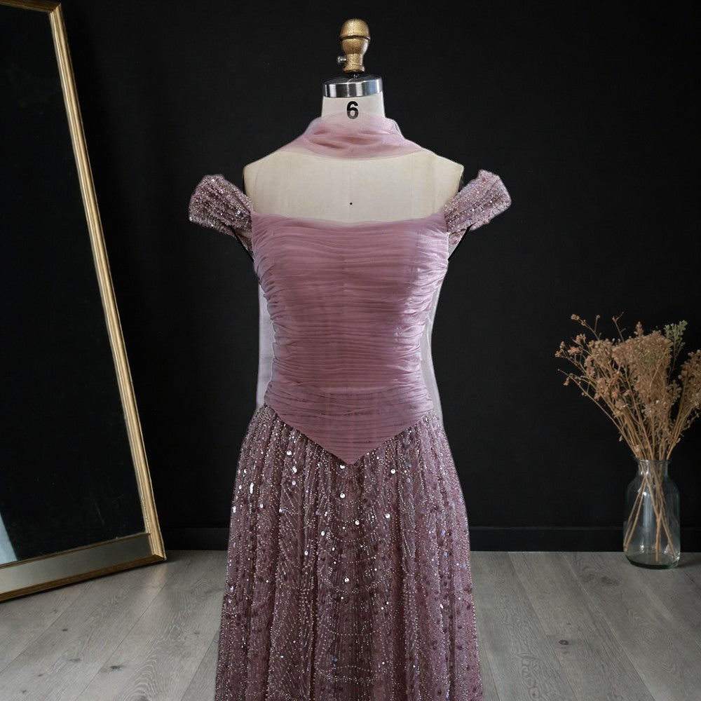 Blush Pink Off-Shoulder Ruched Beaded Evening Gown with Sheer Scarf SL176