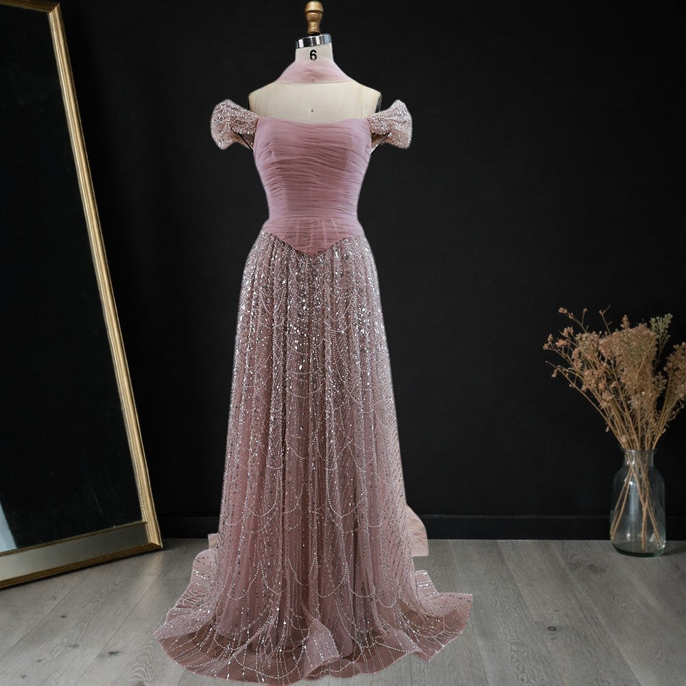 Blush Pink Off-Shoulder Ruched Beaded Evening Gown with Sheer Scarf SL176