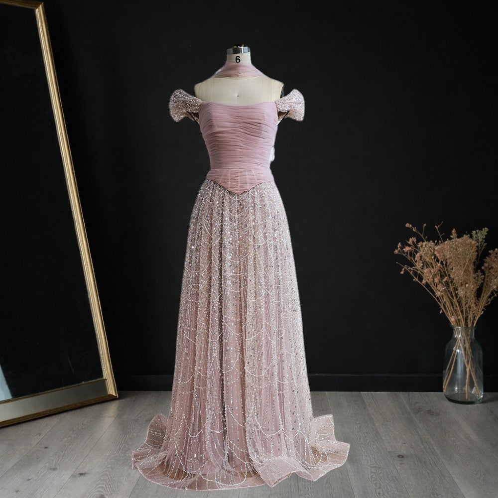 Blush Pink Off-Shoulder Ruched Beaded Evening Gown with Sheer Scarf SL176