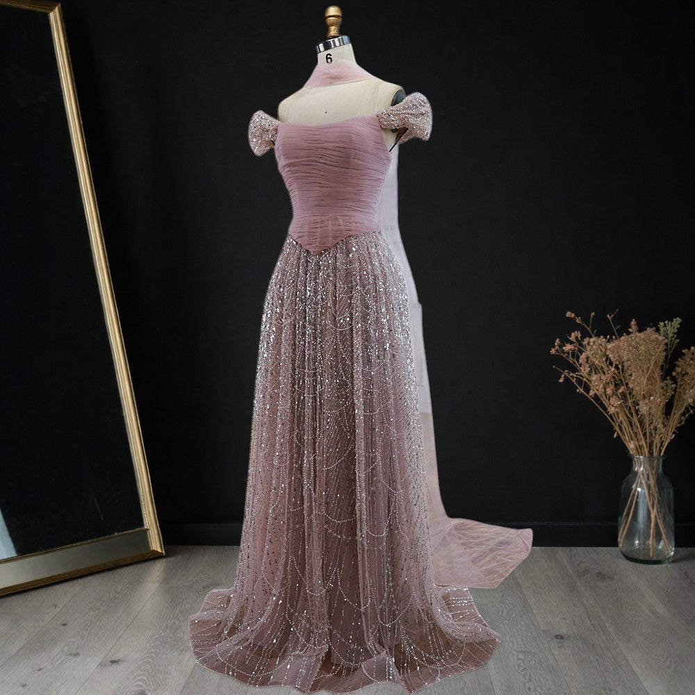 Blush Pink Off-Shoulder Ruched Beaded Evening Gown with Sheer Scarf SL176
