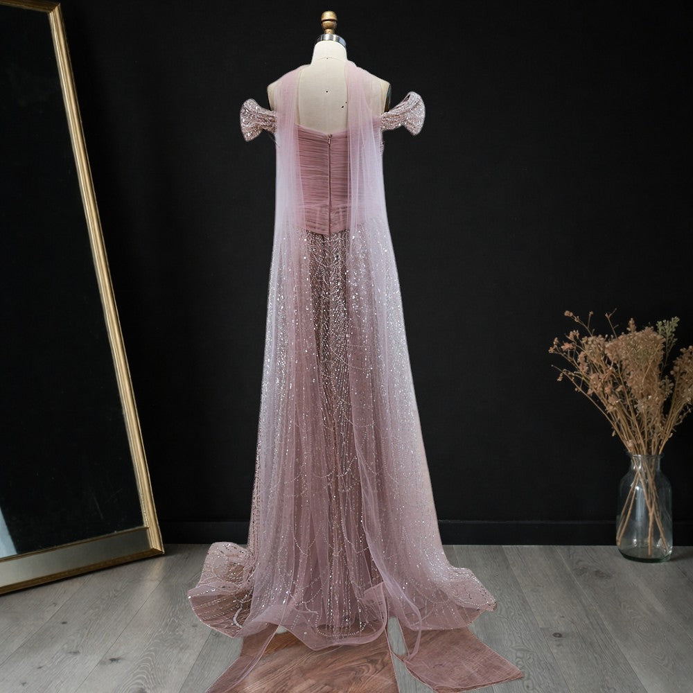 Blush Pink Off-Shoulder Ruched Beaded Evening Gown with Sheer Scarf SL176