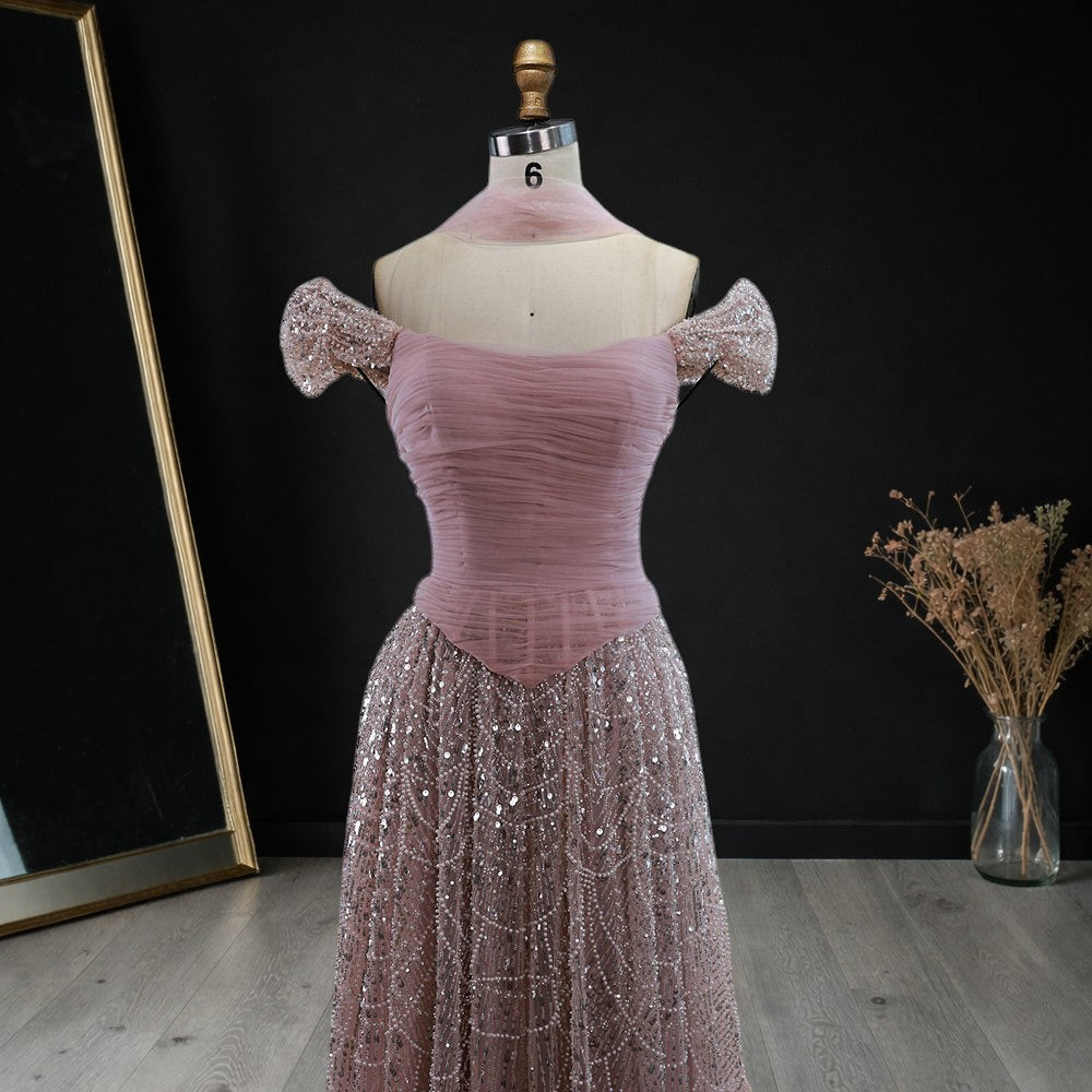 Blush Pink Off-Shoulder Ruched Beaded Evening Gown with Sheer Scarf SL176