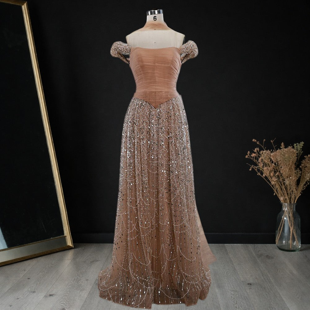 Blush Pink Off-Shoulder Ruched Beaded Evening Gown with Sheer Scarf SL176