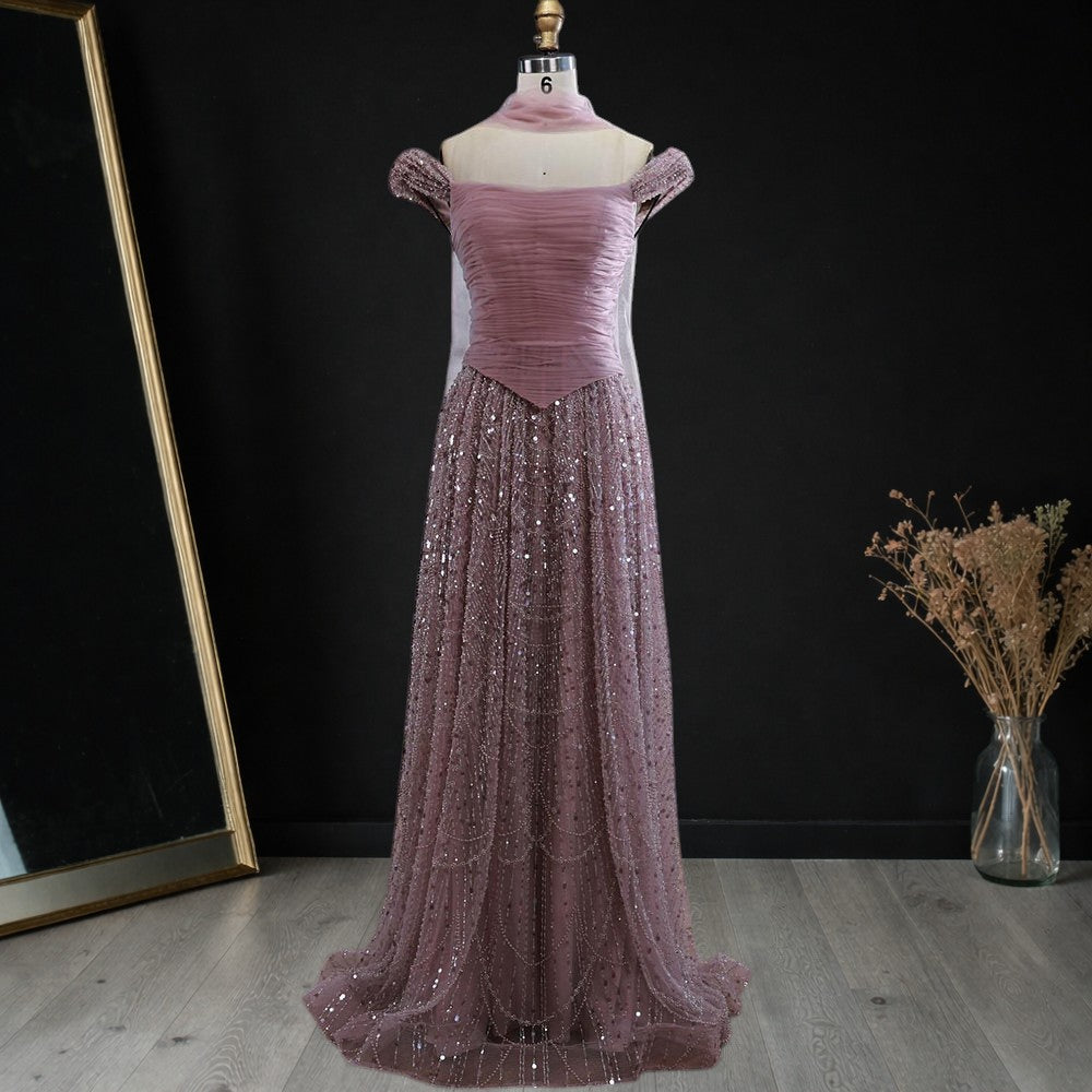Blush Pink Off-Shoulder Ruched Beaded Evening Gown with Sheer Scarf SL176