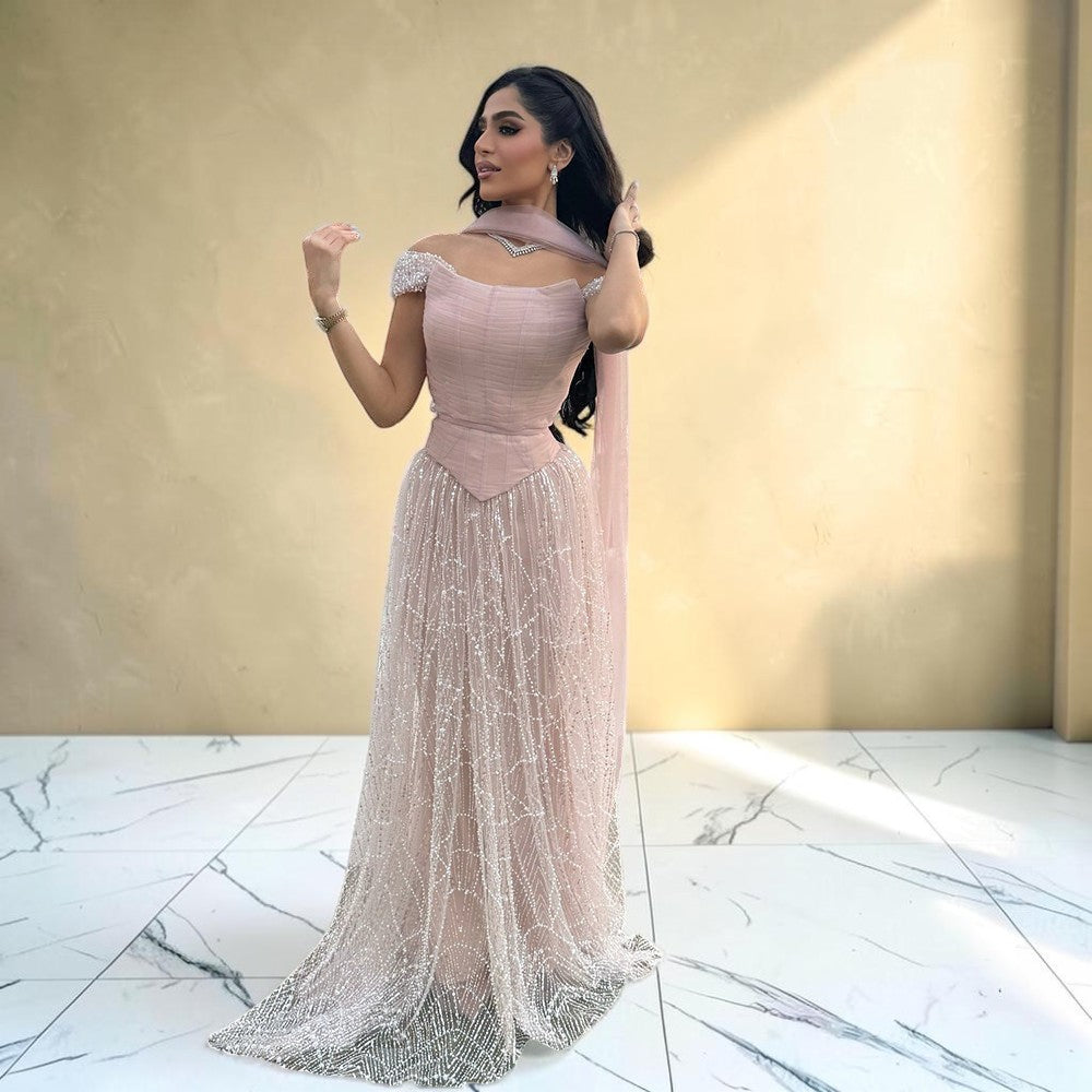 Blush Pink Off-Shoulder Ruched Beaded Evening Gown with Sheer Scarf SL176