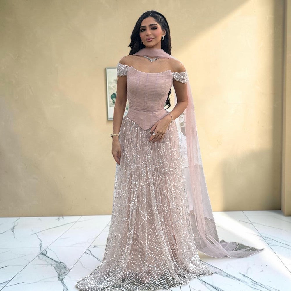 Blush Pink Off-Shoulder Ruched Beaded Evening Gown with Sheer Scarf SL176