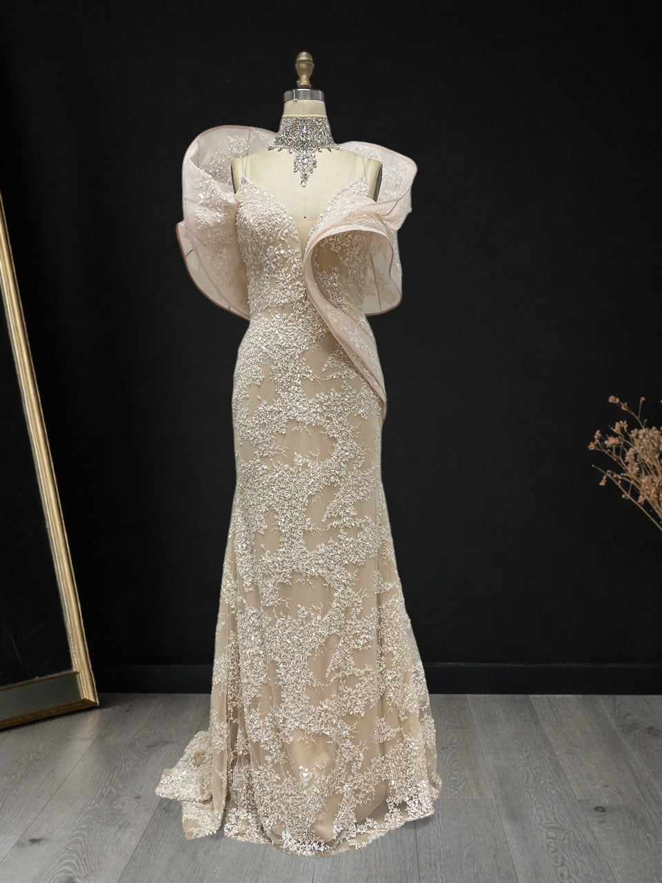 Blush Pink Embroidered Evening Gown with Organza Shoulders SL190