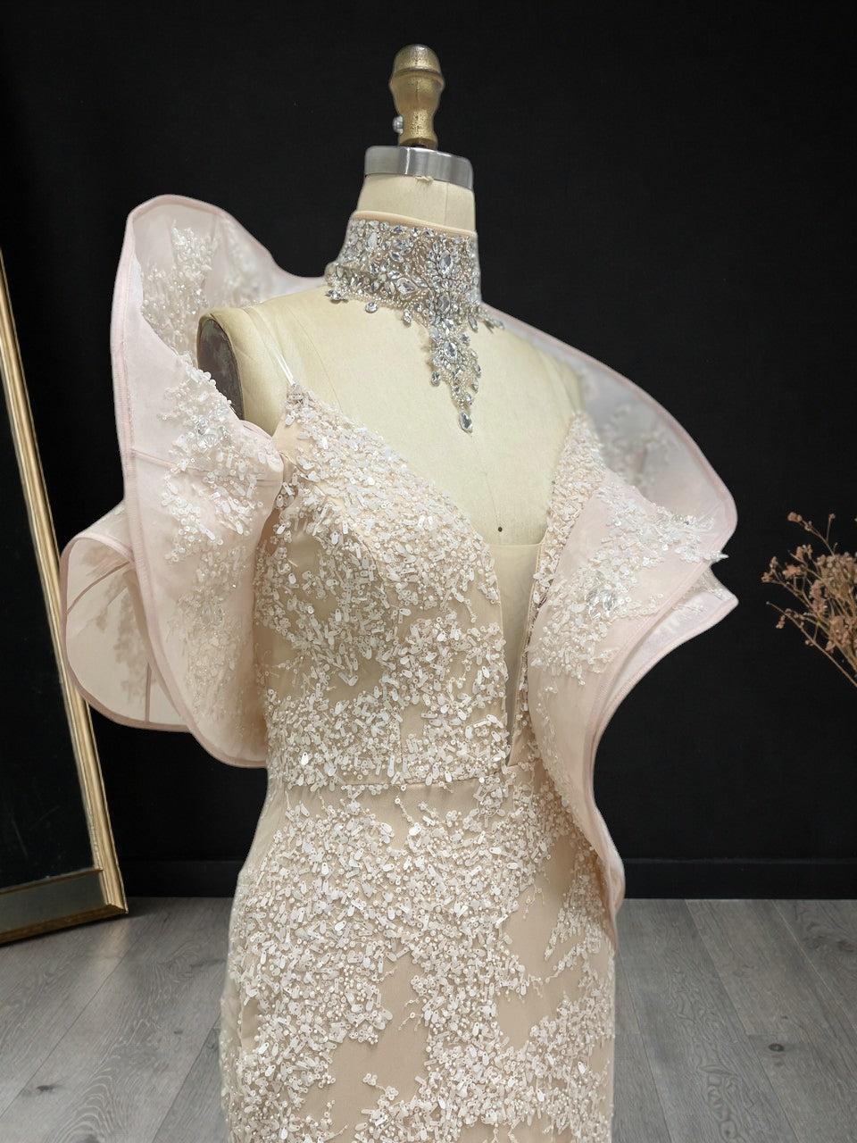 Blush Pink Embroidered Evening Gown with Organza Shoulders SL190