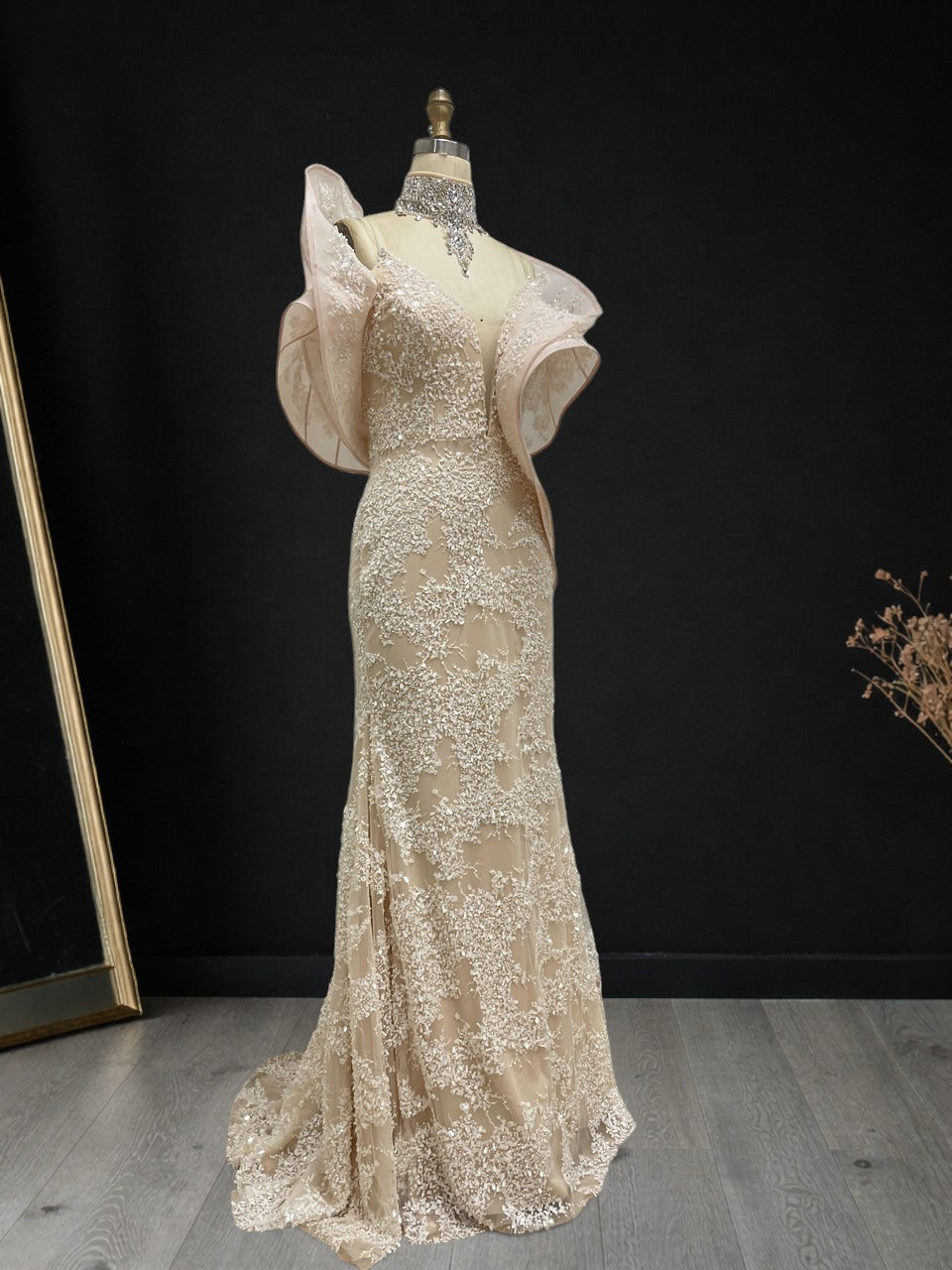 Blush Pink Embroidered Evening Gown with Organza Shoulders SL190