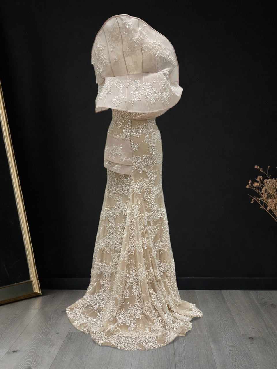Blush Pink Embroidered Evening Gown with Organza Shoulders SL190