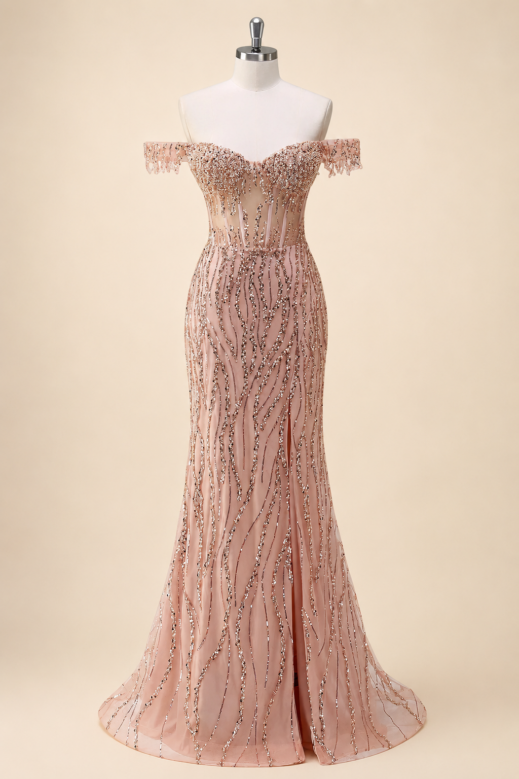 Luxury Beads Off Shoulder with Slit Long Prom Dress CZ155