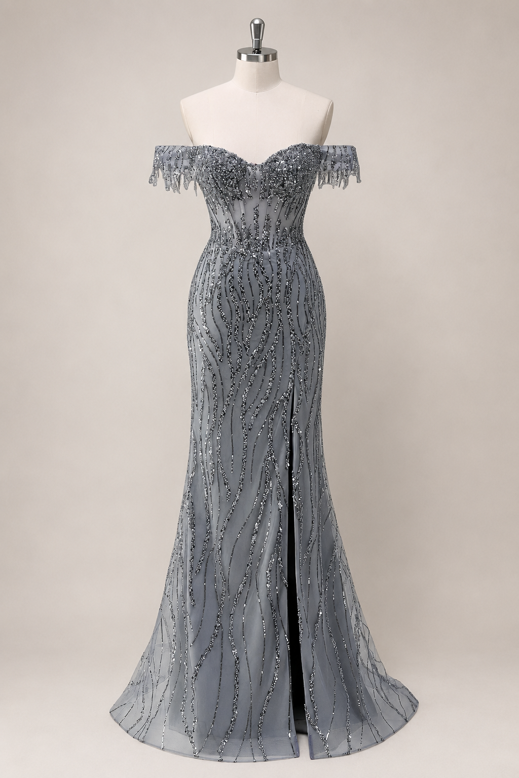 Luxury Beads Off Shoulder with Slit Long Prom Dress CZ155