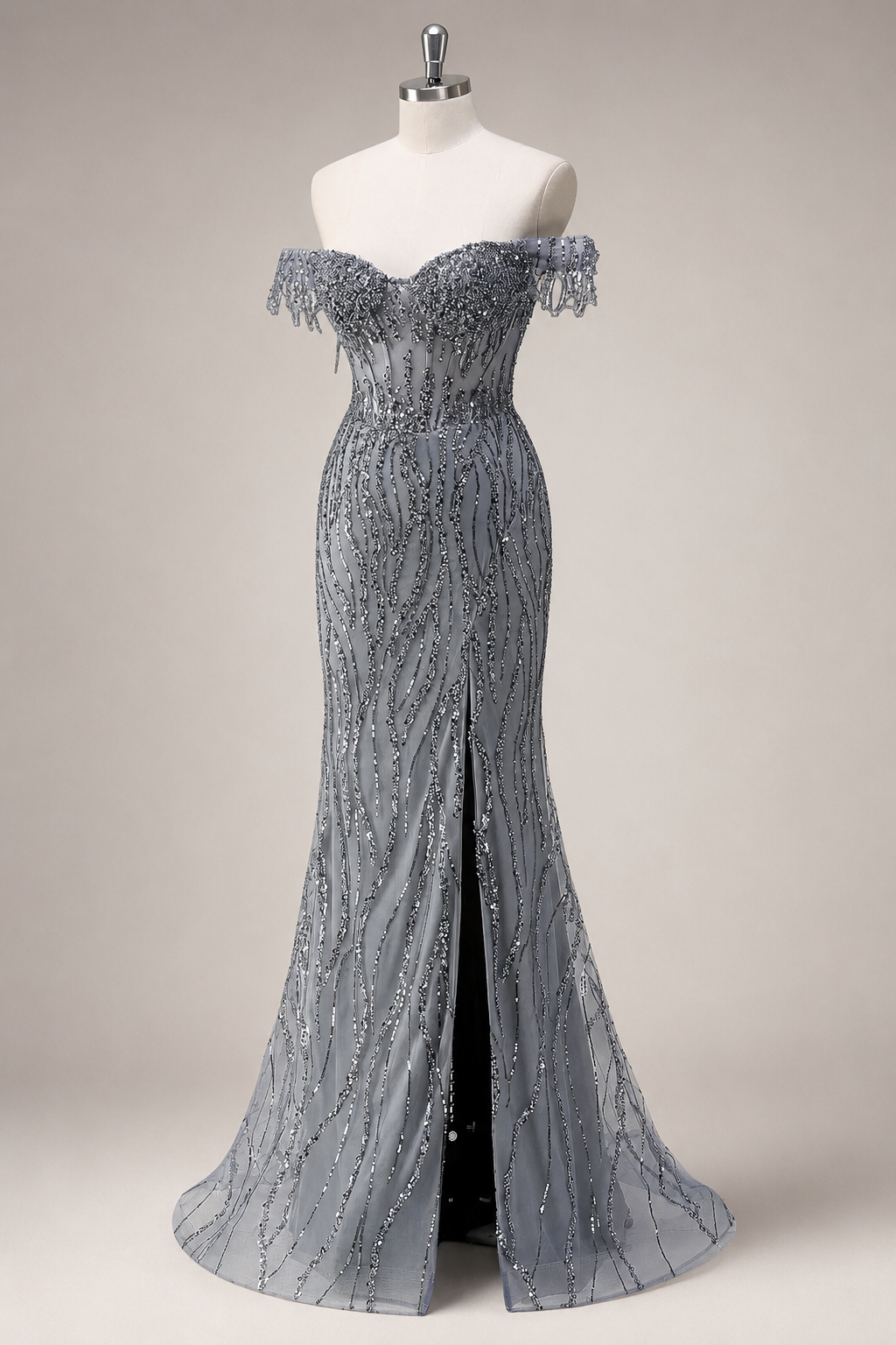 Luxury Beads Off Shoulder with Slit Long Prom Dress CZ155