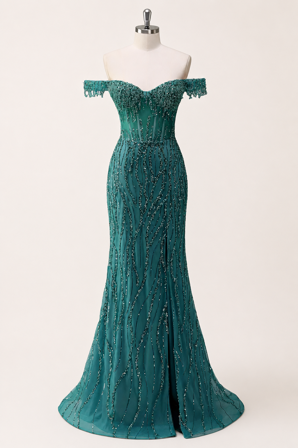 Luxury Beads Off Shoulder with Slit Long Prom Dress CZ155