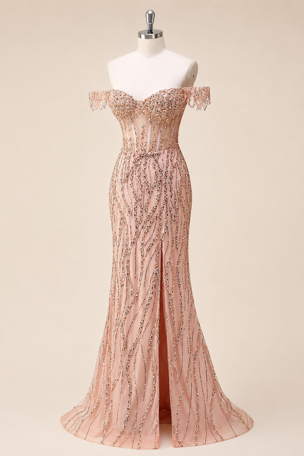 Luxury Beads Off Shoulder with Slit Long Prom Dress CZ155