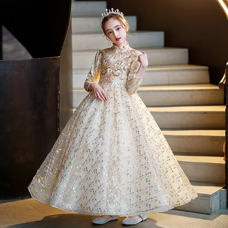 Gold Sequined High Neck Flower Girl Dress for Grand Banquet Events L041